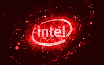 Intel red logo, 4k, red neon lights, creative, red abstract background, Intel logo, brands, Intel