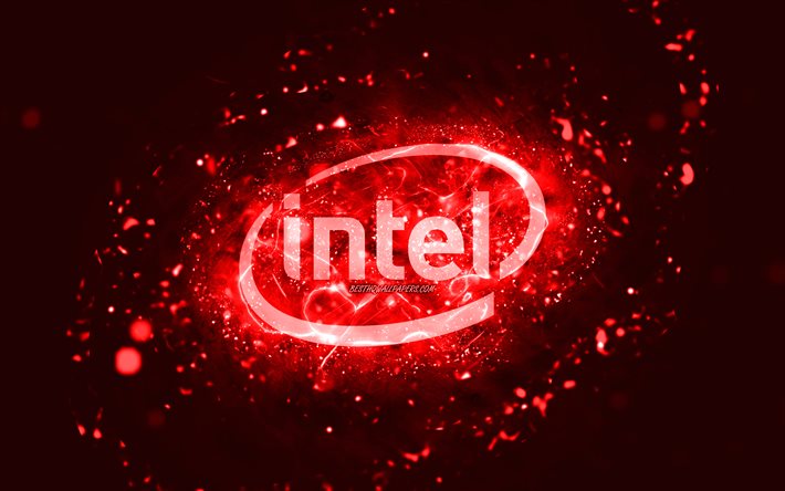 Logo rouge Intel, 4k, n&#233;ons rouges, cr&#233;atif, fond abstrait rouge, logo Intel, marques, Intel