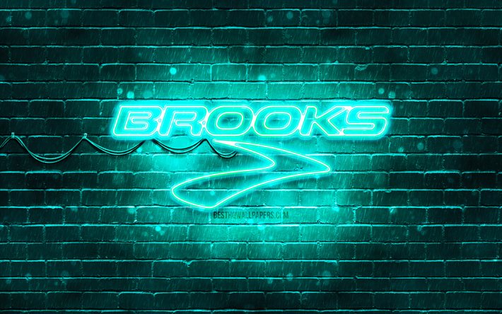 Brooks Sports turkuaz logosu, 4k, turkuaz brickwall, Brooks Sports logosu, markalar, Brooks Sports neon logosu, Brooks Sports