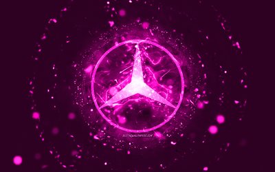 Mercedes-Benz purple logo, 4k, purple neon lights, creative, purple abstract background, Mercedes-Benz logo, cars brands, Mercedes-Benz