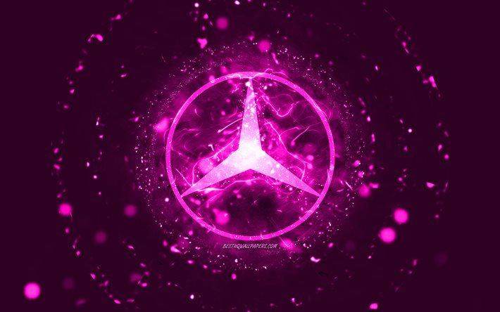 Mercedes-Benz violetti logo, 4k, purppura neon valot, luova, violetti abstrakti tausta, Mercedes-Benz logo, automerkit, Mercedes-Benz