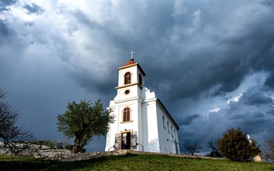 Pecs, church, gray clouds, cloudy weather, church in Pecs, Hungary
