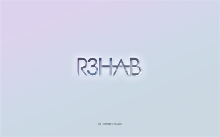 Logotipo R3hab, texto cortado em 3D, fundo branco, logotipo R3hab 3D, emblema R3hab, R3hab, logotipo em relevo, emblema R3hab 3D