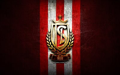 Standard Liege FC, golden logo, Jupiler Pro League, red metal background, football, belgian football club, Standard Liege logo, soccer, Royal Standard Liege