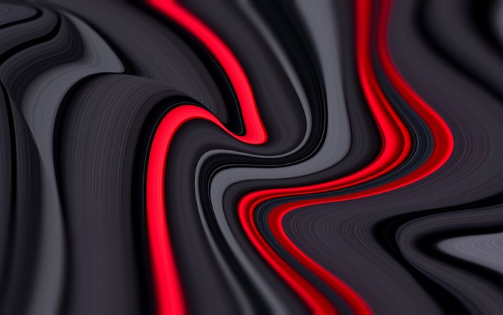 黒と赤の波, 4k, creative クリエイティブ, 抽象的な背景, リキッドアート, カラフルな抽象的な波, 波のある背景, 3D波
