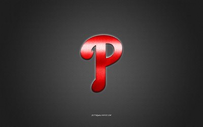 Philadelphia Phillies emblem, amerikansk baseballklubb, r&#246;d logotyp, gr&#229; kolfiberbakgrund, MLB, Philadelphia Phillies Insignia, baseball, Philadelphia, USA, Philadelphia Phillies