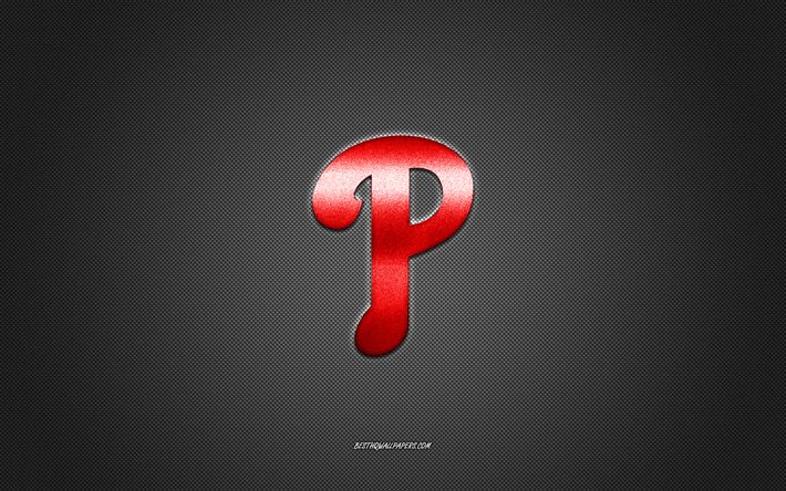 Emblema de los Filis de Filadelfia, club de b&#233;isbol estadounidense, logotipo rojo, fondo de fibra de carbono gris, MLB, Insignia de los Filis de Filadelfia, b&#233;isbol, Filadelfia, Estados Unidos, Filis de Filadelfia