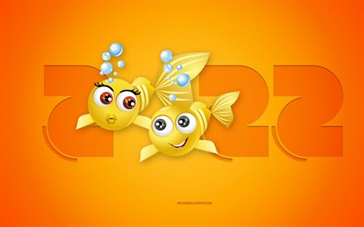 2022 Pisces Year, Happy New Year 2022, yellow background, 3D Pisces zodiac sign, 2022 New Year, Pisces zodiac sign, 2022 concepts, Pisces