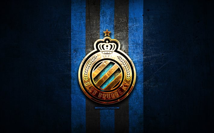 Club Brugge FC, golden logo, Jupiler Pro League, blue metal background, football, belgian football club, Club Brugge KV logo, soccer, Club Brugge KV