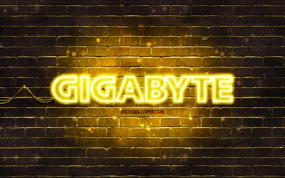 Gigabyte yellow logo, 4k, yellow brickwall, Gigabyte logo, brands, Gigabyte neon logo, Gigabyte