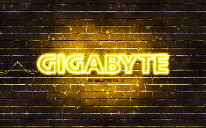 Gigabyte keltainen logo, 4k, keltainen tiilisein&#228;, Gigabyte logo, tuotemerkit, Gigabyte neon logo, Gigabyte