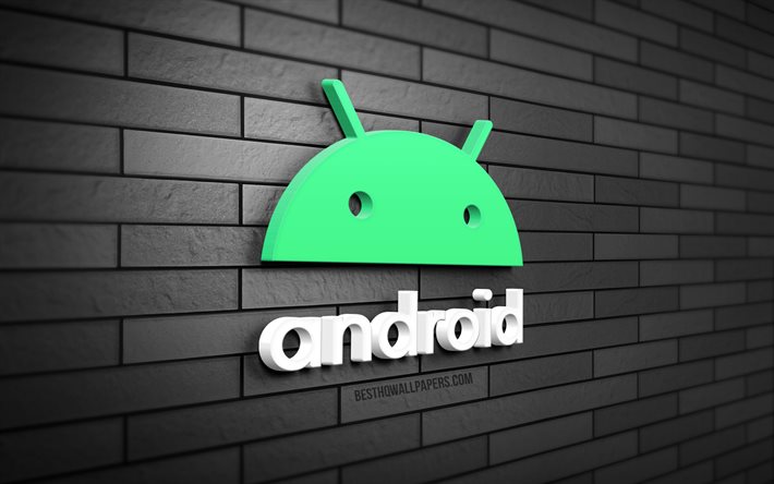 Nouveau logo Android, 4K, mur de briques gris, art 3D, cr&#233;atif, syst&#232;me d&#39;exploitation, logo Android, logo Android 3D, Android