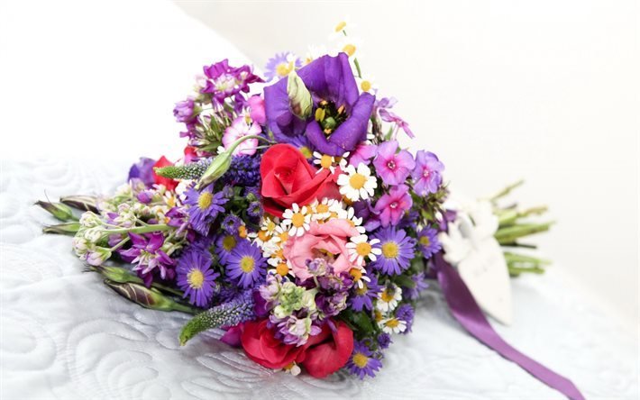 bouquet de mariage, eustoma, les roses, les chrysanth&#232;mes, bouquet de la mari&#233;e