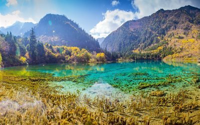Jiuzhaigou National Park, blue lake, autumn, Jiuzhai Valley, mountain, sun rays, forest, China