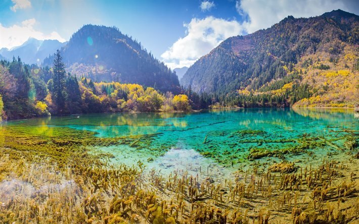 Jiuzhaigou Ulusal Parkı, mavi g&#246;l, sonbahar, Jiuzhai Vadisi, dağ, g&#252;neş ışınları, orman, &#199;in