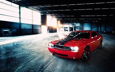 Dodge Challenger SRT, supercars, hangar, red dodge