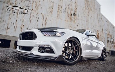 Ford Mustang S550, supercars, 2016 voitures, tuning, usine abandonn&#233;e, blanc Mustang