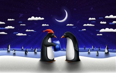 New Year, penguins, winter, moon, santa hat