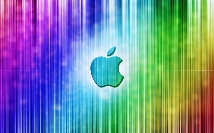Apple, 4k, logo, lines, rainbow, creative
