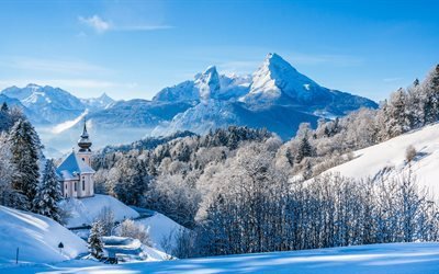winter, mountains, snow, church, Alps, Germany, 5k, Bavarian Alps
