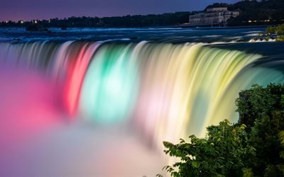 Niagara Falls, 7k, USA, evening, illumination, lighting, waterfall, Niagara