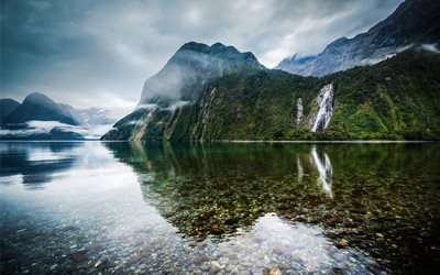 montagna, lago, cascata, nebbia, foresta, Nuova Zelanda