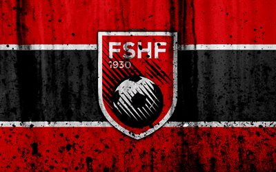 Albania national football team, 4k, logo, grunge, Europe, football, stone texture, soccer, Albania, European national teams