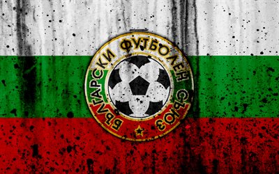 Bulgariens herrlandslag i fotboll, 4k, logotyp, grunge, Europa, fotboll, sten struktur, Bulgarien, Europeiska landslag