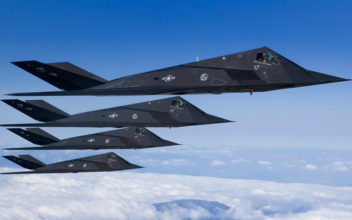 lockheed f-117 nighthawk, 4k, american streik, flugzeuge, stealth-technologie, usaf, us air force, kampfflugzeuge, f-117, usa