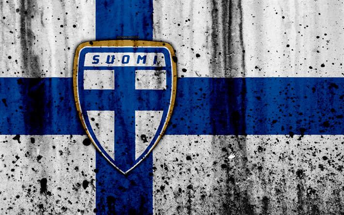 Finlands herrlandslag i fotboll, 4k, logotyp, grunge, Europa, fotboll, sten struktur, Finland, Europeiska landslag