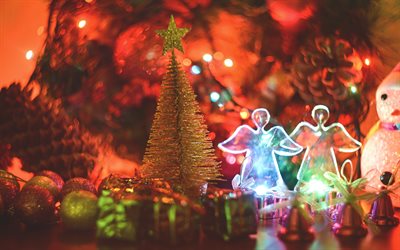 Noel, Yeni Yıl, parlayan melekler, dekorasyon, Noel topları, akşam