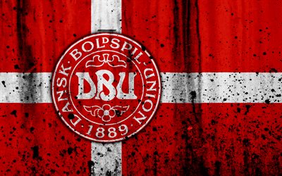 Denmark national football team, 4k, logo, grunge, Europe, football, stone texture, soccer, Denmark, European national teams