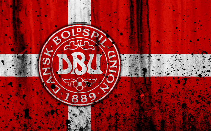 Danimarka Milli Futbol Takımı, 4k, logo, grunge, Avrupa, Futbol, taş doku, futbol, Danimarka, Avrupa Milli Takım