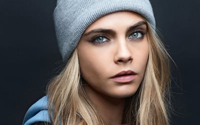 Cara Delevingne, British top model, portrait, gray hat, photoshoot, young star