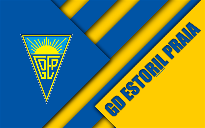 GD Estoril Plaj, mavi, sarı soyutlama, Portekiz Futbol Kul&#252;b&#252;, 4k, logo, malzeme tasarım, Ilk Lig, Estoril, Portekiz, futbol, Premier Lig