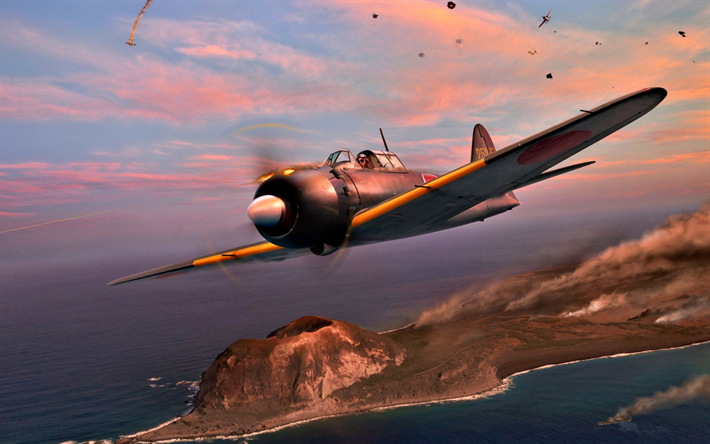 Mitsubishi A6M Zero, A6M5, military aircraft, sunset, fighter, Imperial Japan Navy, World War II, Japan