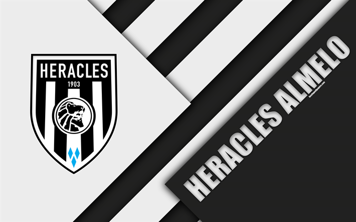 Heracles Almelo FC, musta valkoinen abstraktio, tunnus, 4k, materiaali suunnittelu, Hollantilainen jalkapalloseura, Eredivisie, Almelo, Alankomaat, jalkapallo