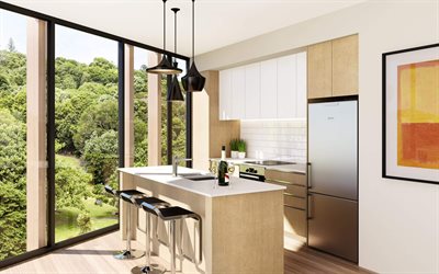 modern interior, kitchen, large windows, modern design, beige kitchen