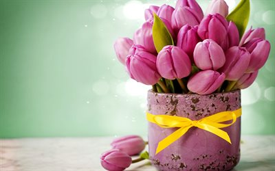 tulipanes de color rosa, jarrones, ramo de flores, flores de color rosa, peque&#241;os tulipanes