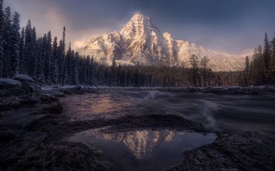talvi, vuori joen, lumi, mets&#228;, illalla, vuoret, Kanada