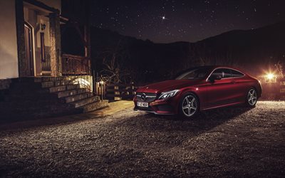 Mercedes-Benz C63 AMG Coupe, 4k, natt, 2018 bilar nya C63, AMG, Mercedes