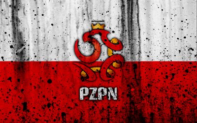 Polonya Milli Futbol Takımı, 4k, amblem, grunge, Avrupa, Futbol, taş doku, futbol, Polonya, logo, Avrupa Milli Takım