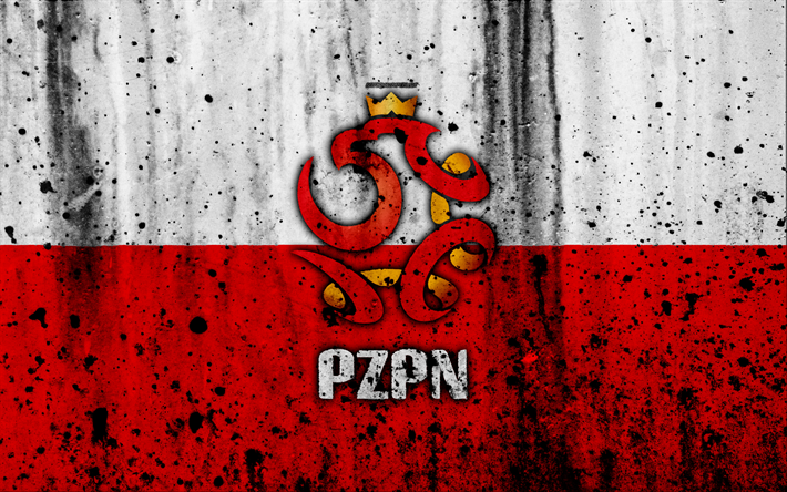 Polen landslaget, 4k, emblem, grunge, Europa, fotboll, sten struktur, Polen, logotyp, Europeiska landslag