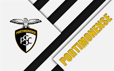 Portimonense SC, white black abstraction, Portuguese football club, 4k, logo, material design, Primeira Liga, Portimao, Portugal, football, Premier League