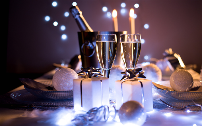 Happy New Year, 2018, champagne, evening, white lights, Christmas