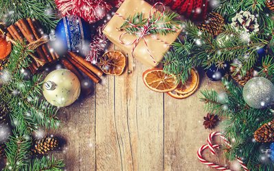 Natal, t&#225;buas de madeira, madeira de fundo, Ano Novo, &#193;rvore de natal, 2018, decora&#231;&#227;o, mandarins