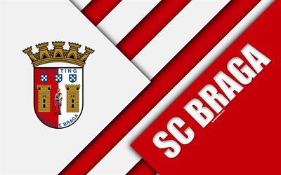 SC Braga, portugais, club de football, 4k, Braga FC logo, la conception de mat&#233;riaux, rouge abstraction, Primeira Liga, Braga, Portugal, football, Premier League