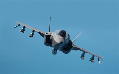 F-35 Lightning II, Lockheed Martin, fighter-bomber, F-35, US Air Force, military aircraft, blue sky, USA