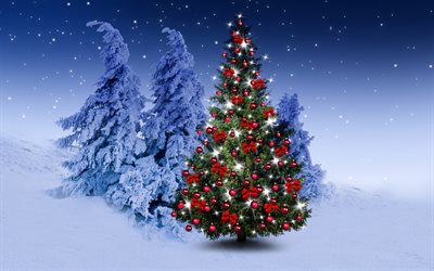 Christmas tree, forest, night, winter, snow, New Year, 2018, Merry Christmas
