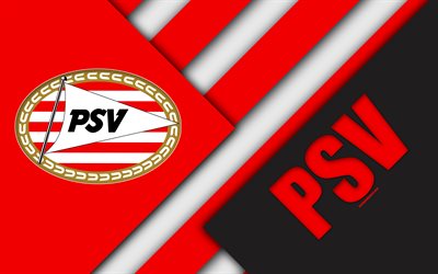 PSV Eindhoven, emblem, 4k, material och design, PSV FC, Holl&#228;ndsk fotboll club, vit r&#246;d abstraktion, Eredivisie, Eindhoven, Nederl&#228;nderna, fotboll